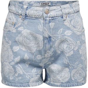 ONLY high waist regular fit short ONLJAGGER met all over print light blue denim/ wit