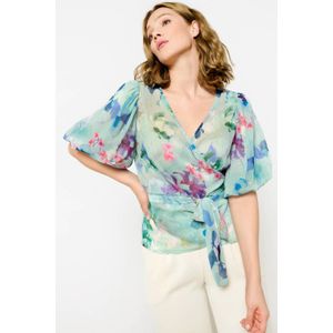 LOLALIZA metallic blousetop met all over print en ceintuur blauw/roze
