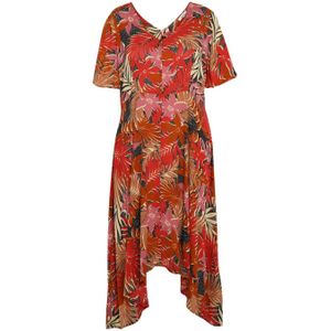 Paprika A-lijn jurk met bladprint en ceintuur rood/multi