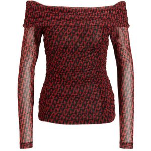 NIKKIE off shoulder top Asia met all over print en mesh rood/zwart