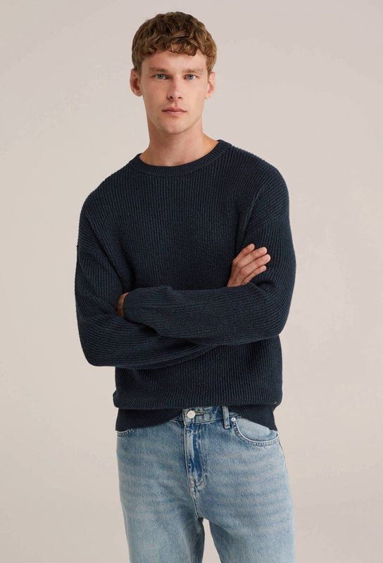 WE Fashion - Gebreide Trui - Donkerblauw - Herenmodel - Loose Fit