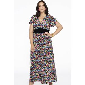 YOEK maxi jurk van travelstof met all over print zwrat/blauw/geel