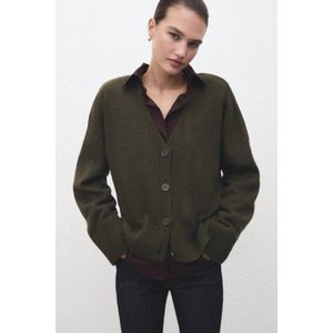 MANGO - Gebreid Vest - Olijfgroen - V-hals - Lange Mouw