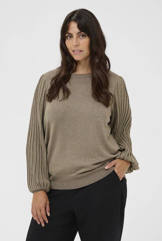 KAFFE Curve Dames trui beige (Maat: L) - Glitter - Halslijn: Ronde hals,