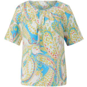 s.Oliver BLACK LABEL blousetop met all over print en plooien blauw/limegroen/koraalrood