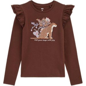 WE Fashion longsleeve met printopdruk en ruches bruin