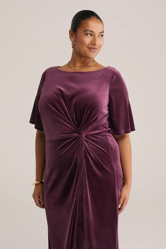 WE Fashion - Curve - Velvet Jurk - Aubergine - Met Glittergaren