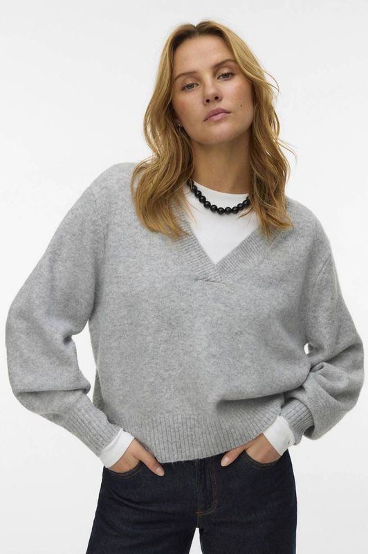 Vero Moda - Vmboom Ls V-neck Pullover Noos - Lichtgrijs Melange - Dames