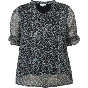 Zhenzi semi-transparante blousetop met panterprint zwart/groen