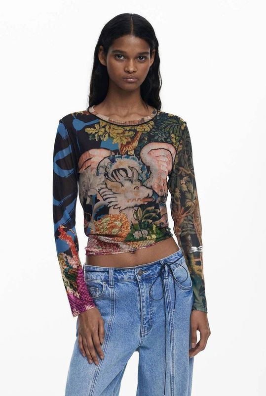 Desigual - Veelkleurig - T-shirt - Lange Mouwen - Dames - Blauw Bedrukt