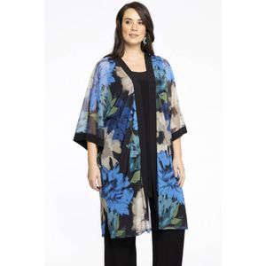 Yoek mesh kimono vest met all over print blauw/zwart