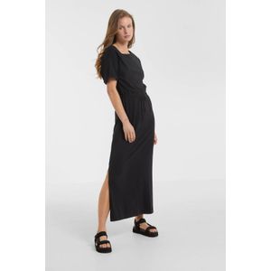 Anytime - Maxi Jurk - Zwart - Katoen - Ronde Hals - Korte Mouwen
