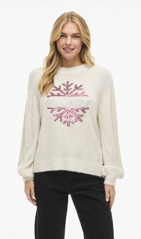 VILA kersttrui ecru met pailletten