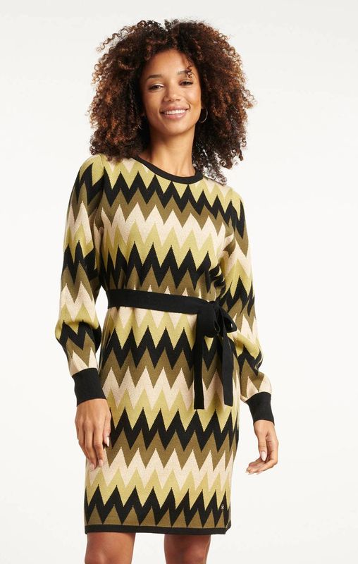 Smashed Lemon Gebreide zigzag jurk army en zand |