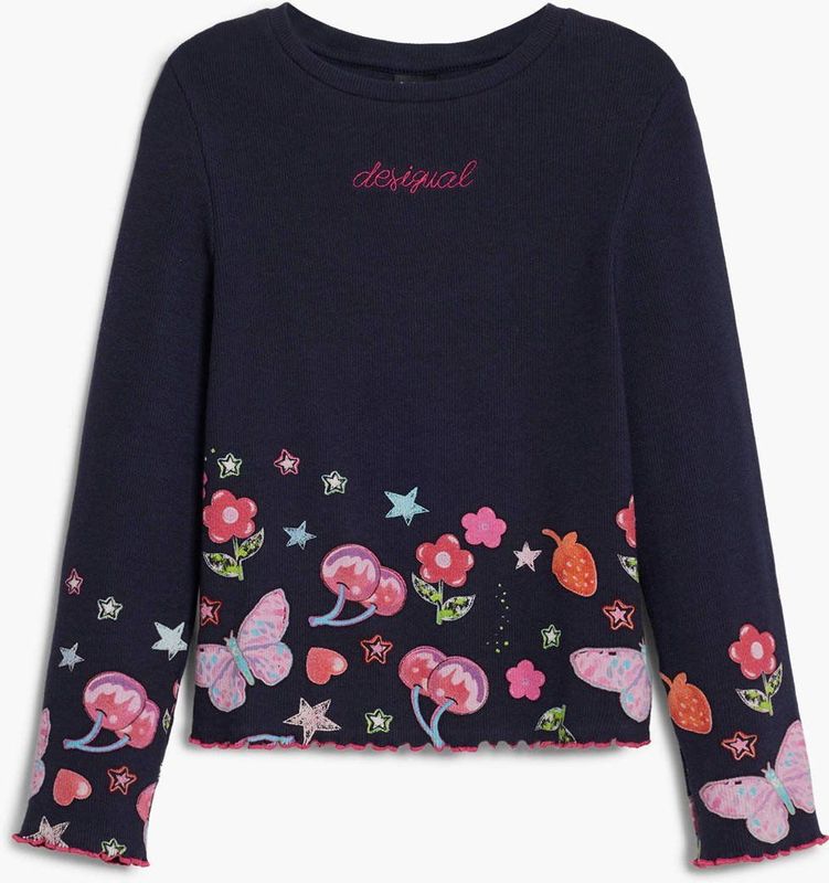 Desigual - Lange Mouwen T-shirt - Effen Kleur - Geborduurd Logo - Bloemenprint