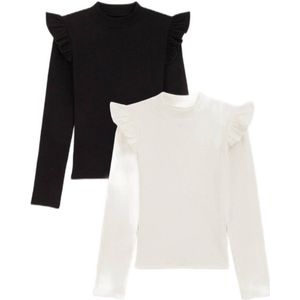 WE Fashion longsleeve met ruches - set van 2 zwart/wit