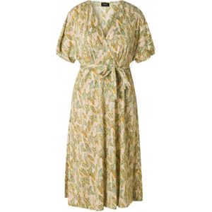 Yesta A-lijn jurk met bladprint en ceintuur olijfgroen/crème