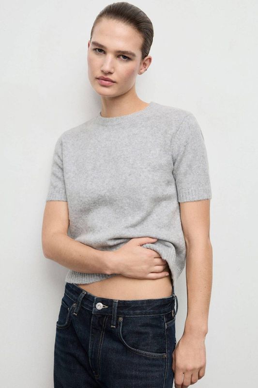 Mango pullover met wol grijs melange gebreid