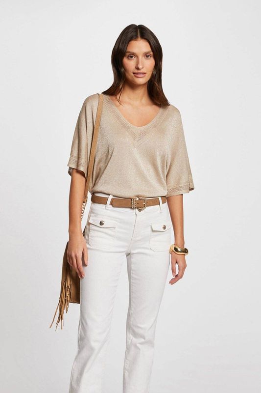 Morgan - Semi-transparante Top - Beige - V-hals - Halflange Mouwen