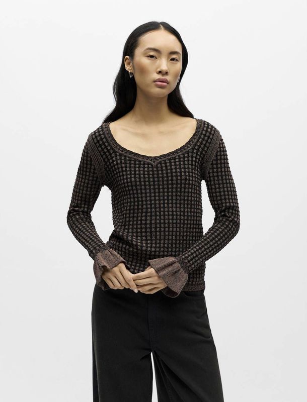 OBJECT geruit top donkerbruin gebreid