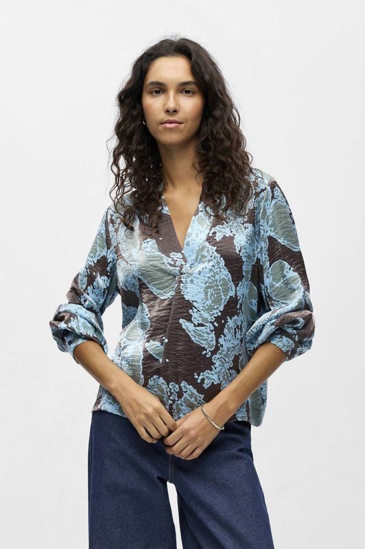 Object - Objyeva Re V-neck Top - Blouse - Seal Brown/Air Blue Laurel - Dames