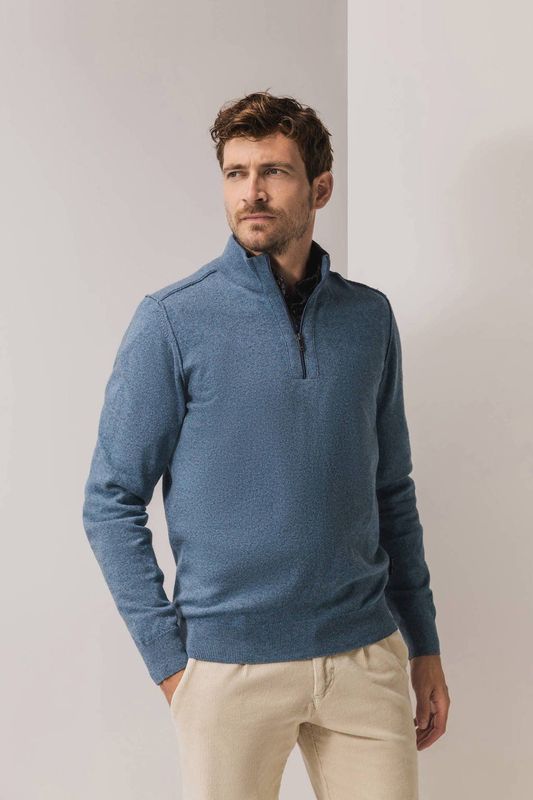 State of Art Heren trui met rits blauw (Maat: S) - Mélange - Halslijn: Opstaande kraag met rits,