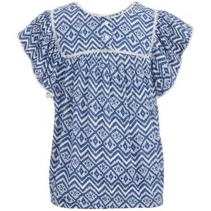 WE Fashion top met all over print blauw/wit