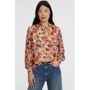 VILA geweven top VICATARINA met all over print en ruches bruin/roze/terra