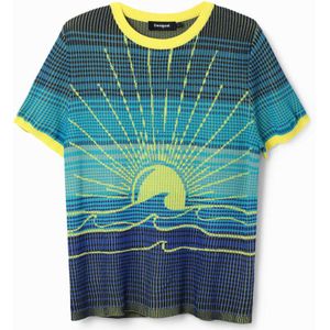 Desigual T-shirt met ingebreid patroon blauw/geel