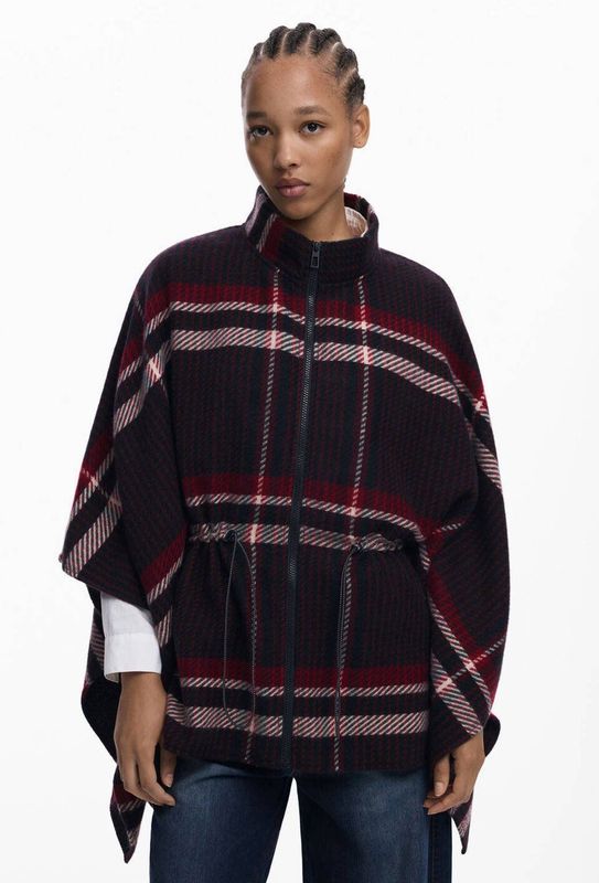 Tartanponcho - Wollen Poncho - Tartan Ruitprint - Verstelbaar Elastiek in de Taille - Ritssluiting