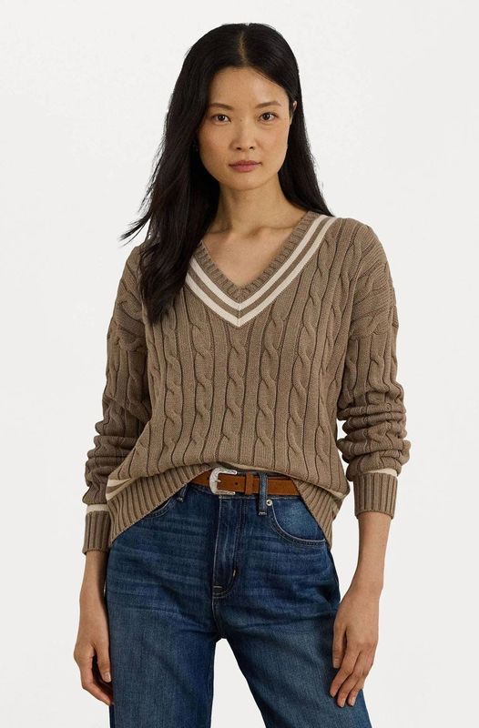 Lauren Ralph Lauren - Kabeltrui - Beige - Lange Mouwen - V-hals - Katoen