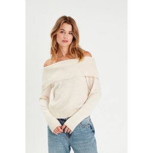 Cache Cache - Gebreide Trui - Ecru - Off Shoulder Kraag - Lange Mouwen