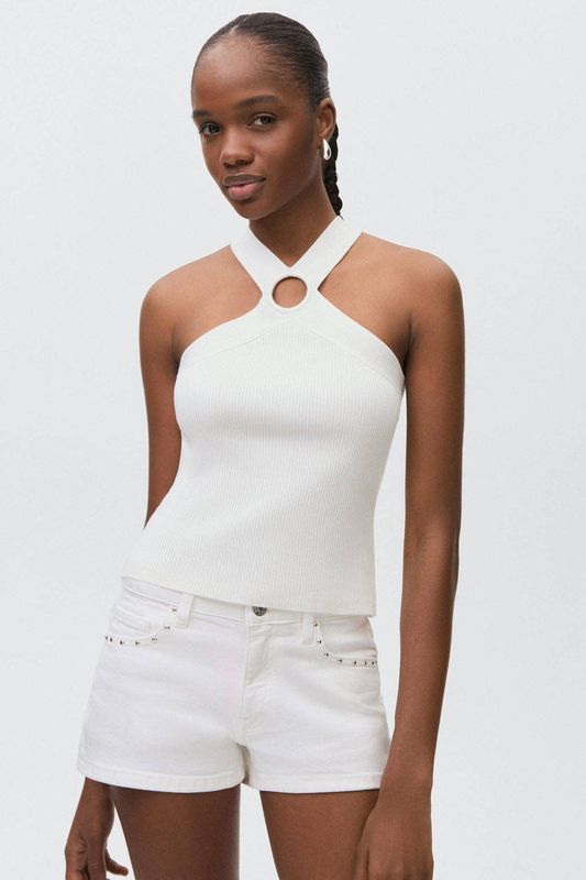MANGO TEEN haltertop wit rib gebreid