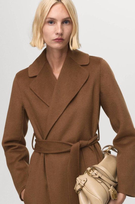 Mango wollen jas met striksluiting bruin