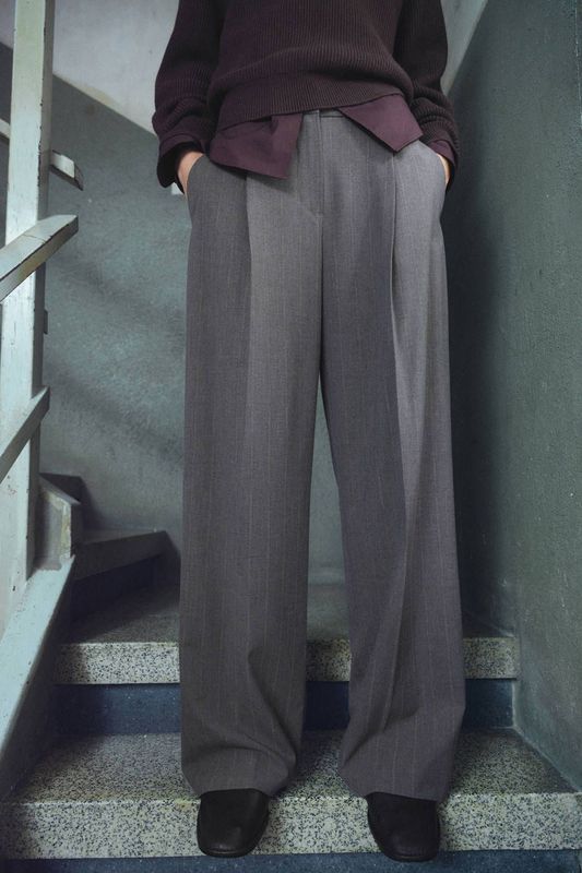 Mango wide leg high waist geruite pantalon grijs