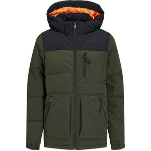 JACK & JONES JUNIOR gewatteerde winterjas JJEOTTO donkergroen/zwart