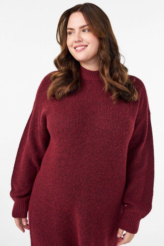 Zizzi - Cavilma - Gebreide Jurk - Rood Gemêleerd - 3/4 Lengte