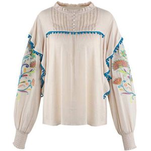 FLURESK gebloemde blousetop Bernice met contrastbies en borduursels zand/ blauw