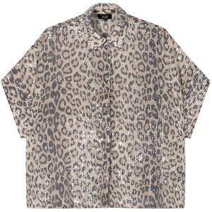 Alix the Label blouse met panterprint en pailletten beige/bruin