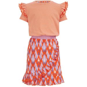 WE Fashion jurk met all over print en ruches oranje/paars/lila