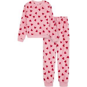 WE Fashion fleece pyjama met hartjes dessin roze/rood