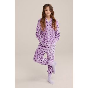 WE Fashion fleece onesie met all over print felroze/zwart