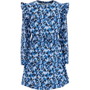 WE Fashion jurk met all over print en ruches blauw/lila/zwart