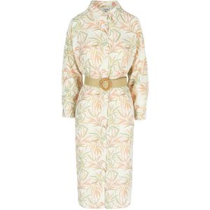 LOLALIZA jurk met linnen en bladprint ecru/koraal
