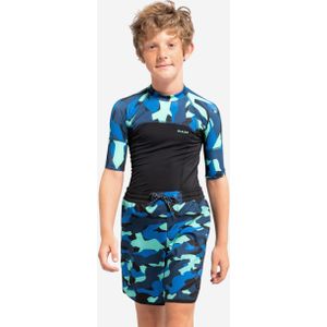 Uv-werende rashguard met korte mouwen voor jongens 500 camo zwart blauw