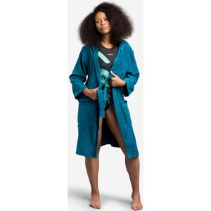 Badjas voor dames dik katoen groen/blauw met capuchon en zakken