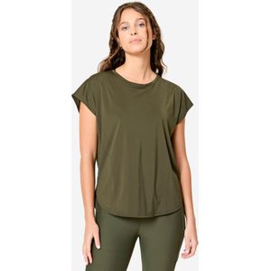 T-shirt fitness losvallend voor dames kakigroen