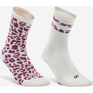 Fitnesssokken halfhoog 2 paar luipaard/roze
