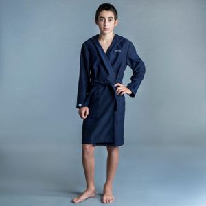Badjas voor kind donkerblauw met capuchon en zakken microvezel katoen