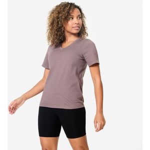 Fitness-t-shirt katoen met v-hals voor dames bruin